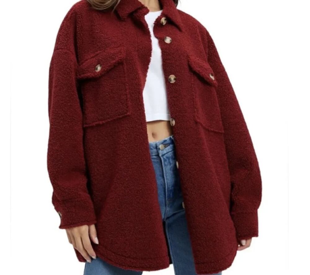 Good American Burgundy Sherpa Jacket Zip Up Fuzzy Teddy Coat Size 00/0 EUC